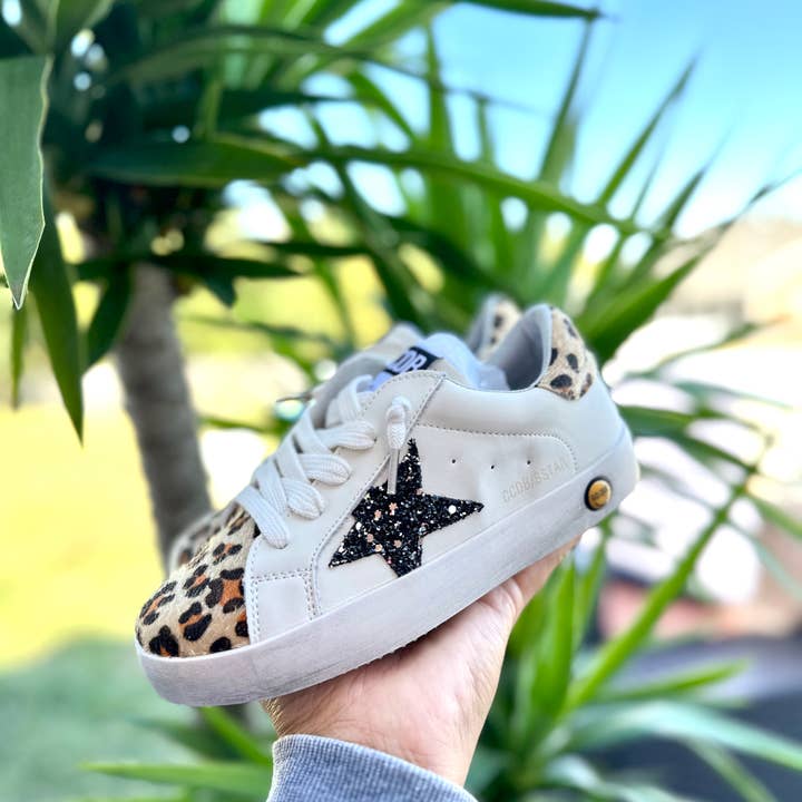 Torn and Trendy - Wholesale Lifestyle Sneakers - Kids - Black Glitter Star with Cheetah Accent Sneakers