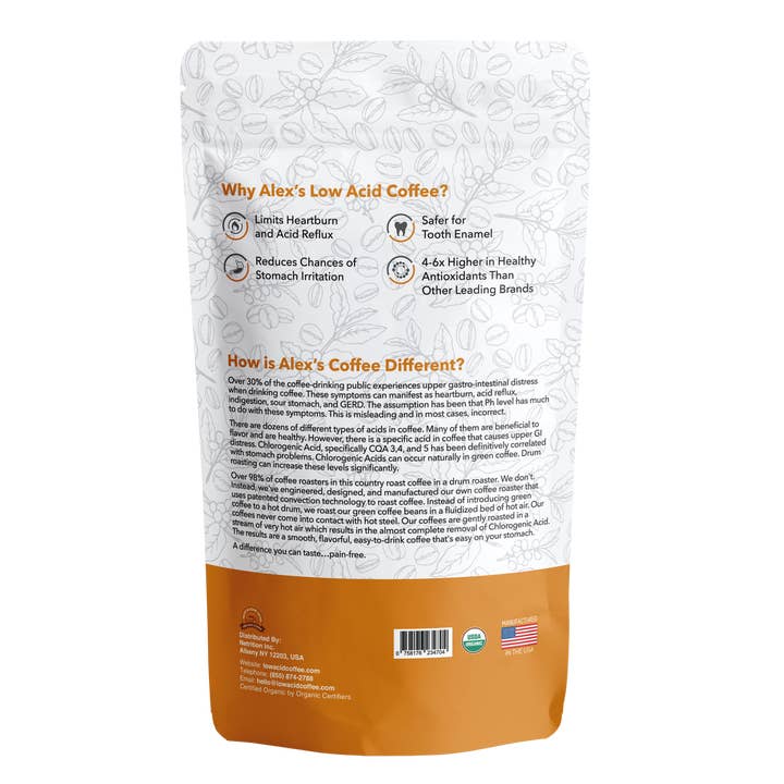 Alex's Low-Acid Organic Coffee - Wholesale Coffee Beans - Alex's Low Acid Organic Coffee - French Roast Bean (12oz)1