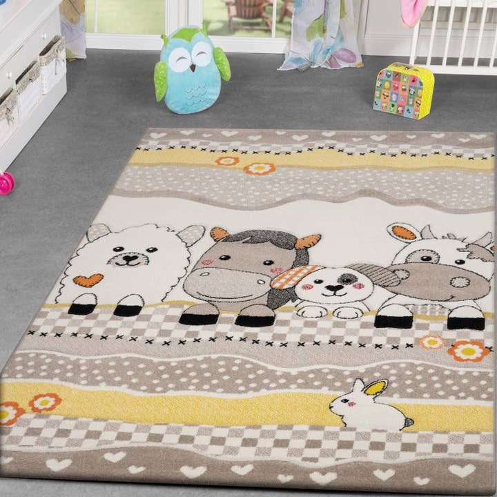 Kids Rug with Charming Farm Animals Patchwork in Beige Cream for wholesale by Paco Home