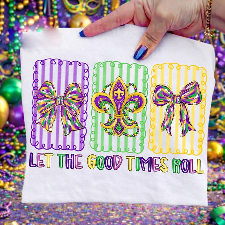 Comfort Colors Låt de goda tiderna rulla T-shirt, Mardi Gras-rosett för wholesale av Glaime