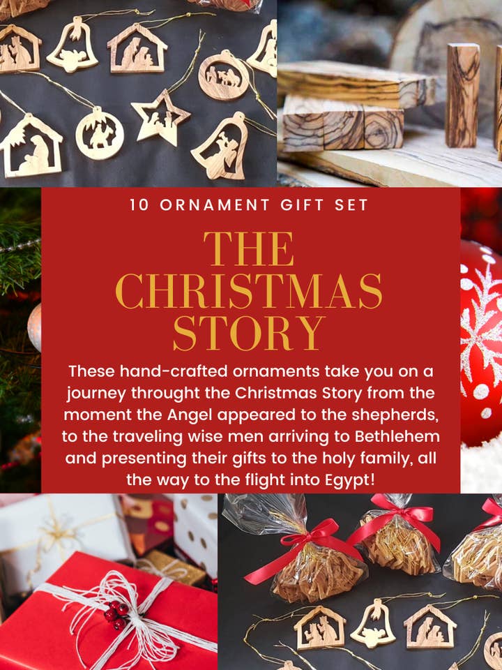 The Christmas Story in 10 amazing Olivewood ornaments for wholesale by Bethlehem Shop