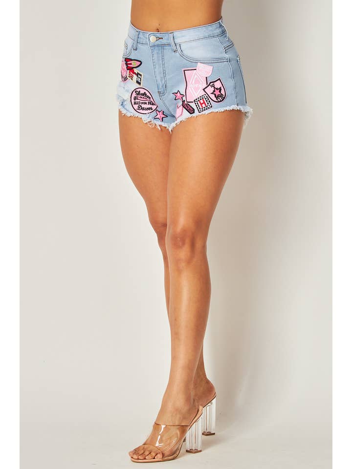 Blue PATCH DETAIL DENIM SHORTS for wholesale on Faire2