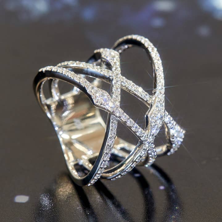 Double Accent - Wholesale Cocktail/Statement Ring - Tangled Light Knot Ring – Pavé Crisscross Silver Band2