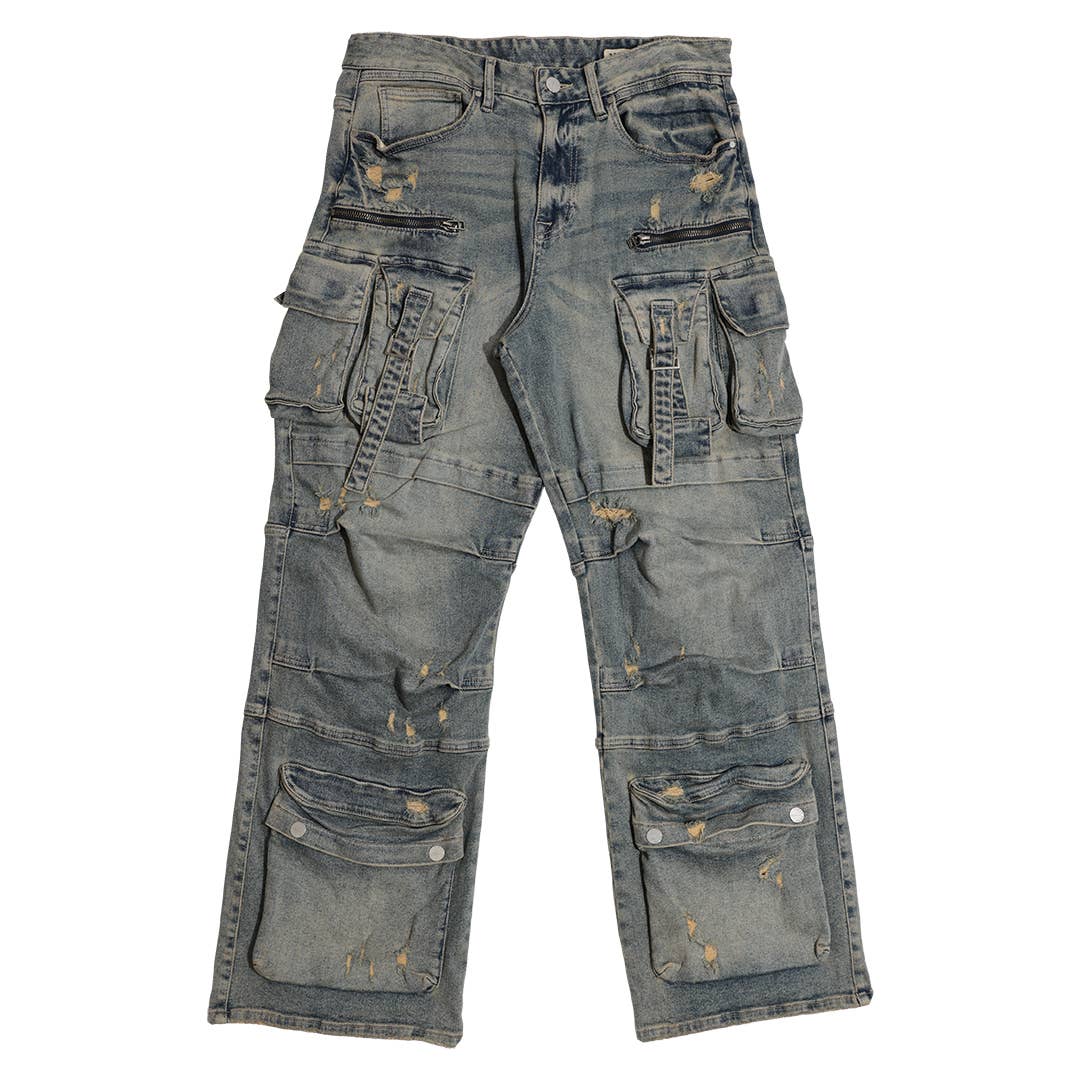 First Row - Vente Jean – homme - Pantalon cargo en denim large Y2K avec poches utilitaires0