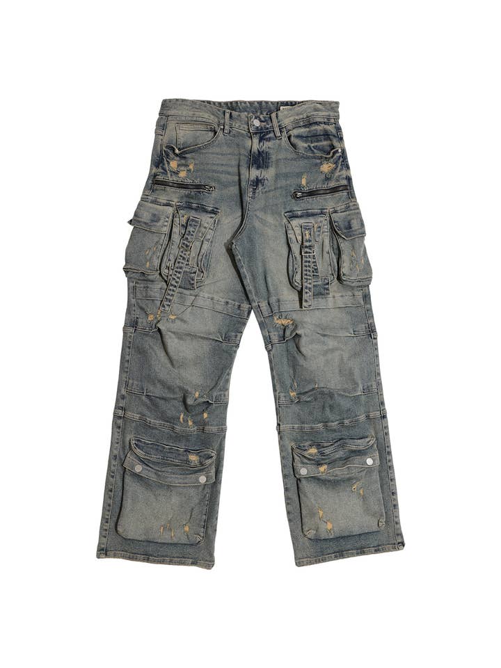 First Row – wholesale Jeans - Herr – Y2K vida cargobyxor i denim med utility-fickor