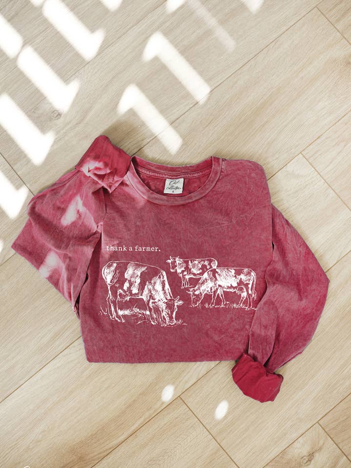 THANK A FARMER Mineral Washed Long Sleeve Graphic Top for wholesale by OAT COLLECTIVE