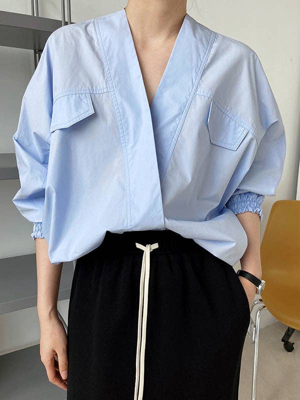 UZ Wholesale Store - Wholesale Button Down Shirt - Women's - Trendy Batwing Sleeves Solid Color V-Neck Blouses16