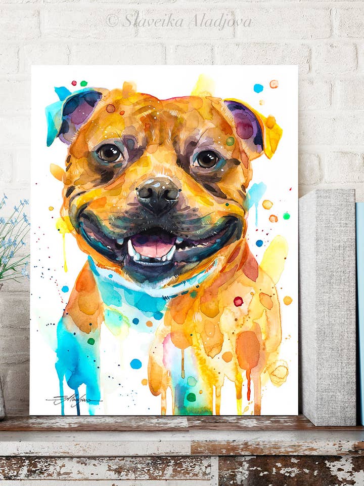 Staffordshire Bull Terrier, Dog Watercolor Painting, art for wholesale by Slaveika Aladjova