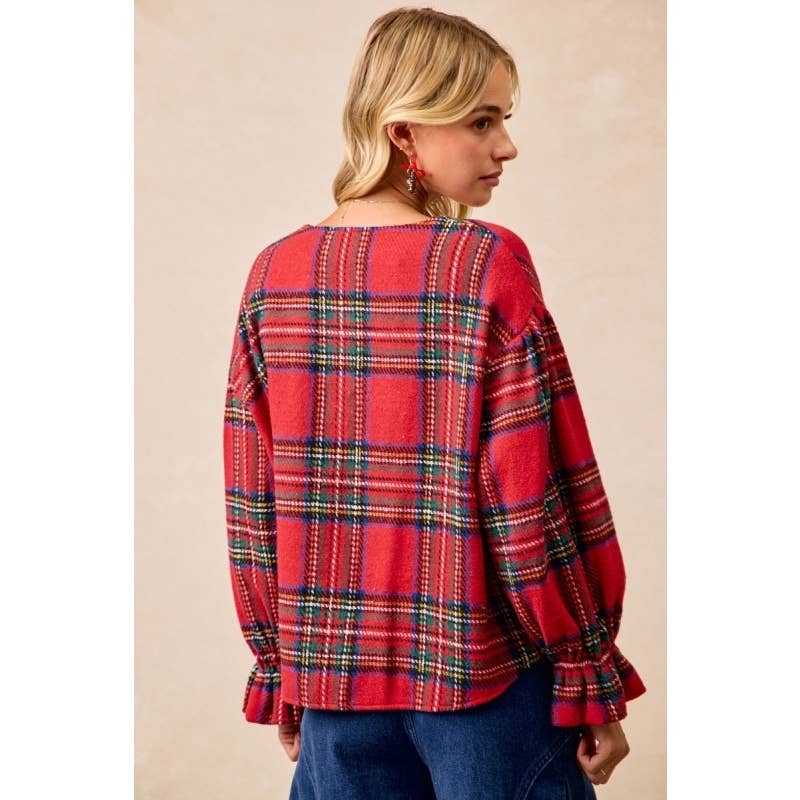 Christmas Plaid V-neck Elastic Ruffle Cardigan Top for wholesale on Faire4