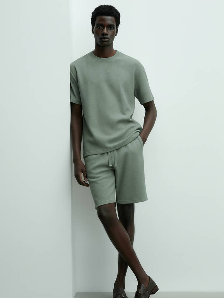 Men's Short Sleeve Textured T-Shirt & Short Set (Green) for wholesale by Hawk's Bay