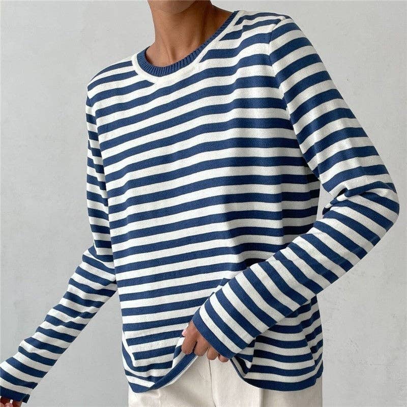 UZ Wholesale Store - Wholesale Knit Sweater - Women's - Striped Knit Sweater with Round Neck and Contrast Color3