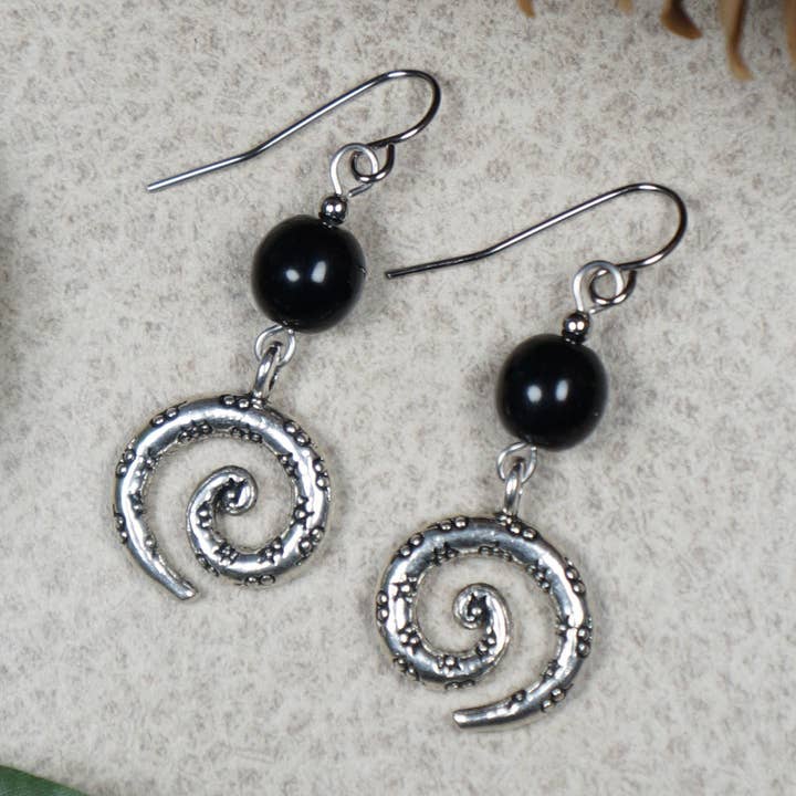 Vintage Style Antique Silver Textured Pewter Swirl Boho Beaded Dangle Earrings, Color Choice, Nickel Free, Hypoallergenic Platinum Earwires for wholesale by Jewelry by Dawn