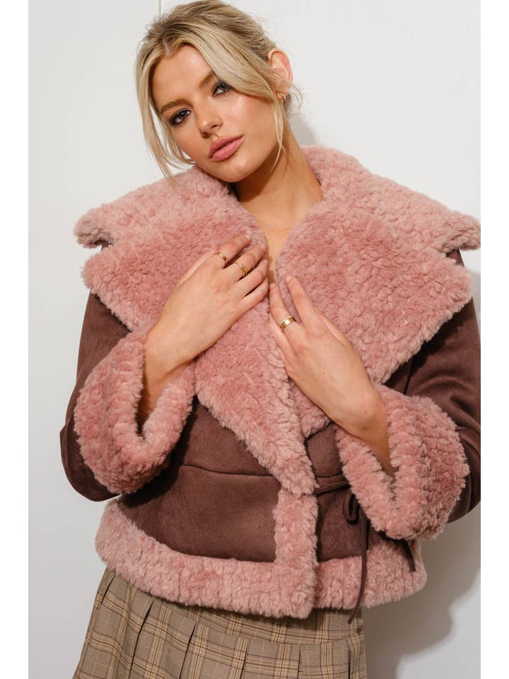 Brown FAUX SUEDE SHEARLING JACKET (LOOKBOOK) for wholesale on Faire