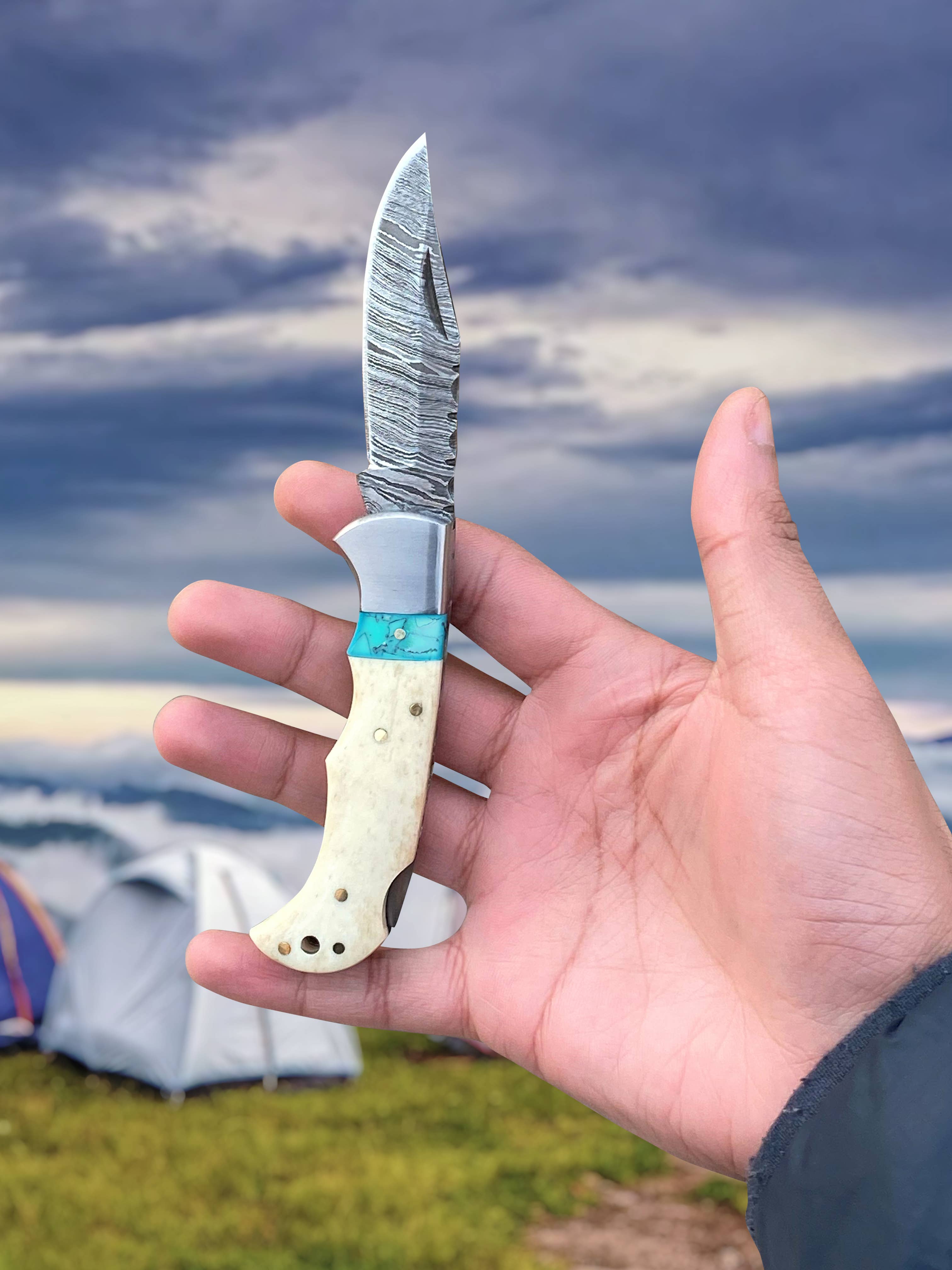 FH KNIVES – Engroshandel Lommekniv/holder – 6,5' Håndlavet damask foldekniv, Lommekniv1