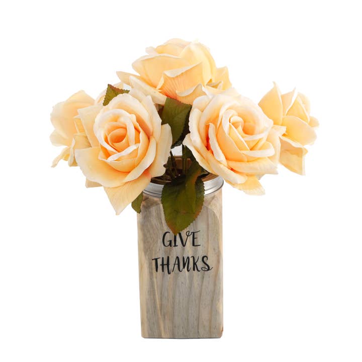 Arrangement de fausses roses dans un vase Mason Jar "Give Thanks" pour la vente par Flora Bunda Inc