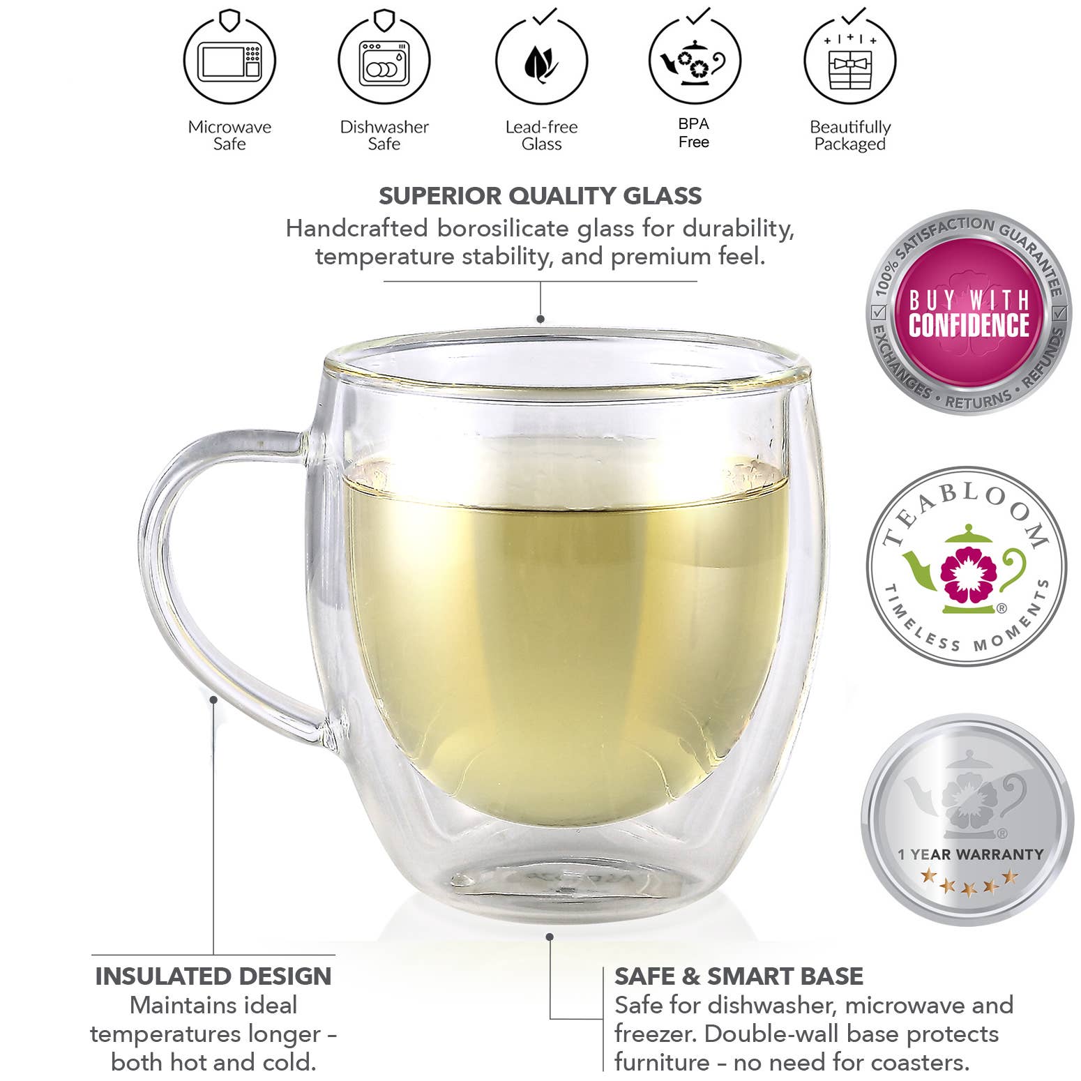 Teabloom - Vente Tasse à café/thé - Tasses à thé en verre à double paroi Teabloom Clarity®, lot de 22