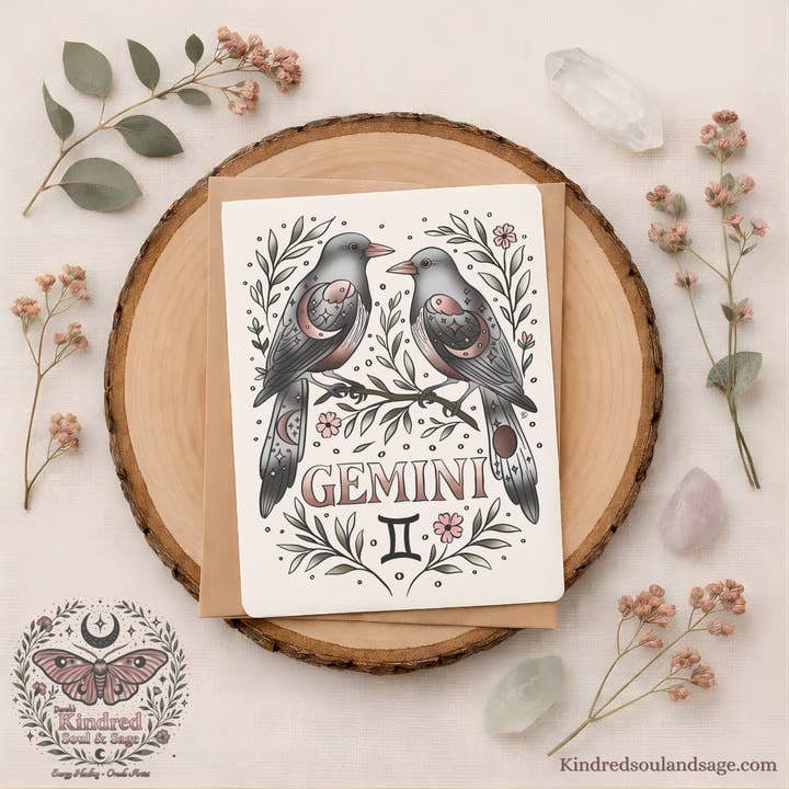 Gemini Zodiac Greeting Card – Celestial Twin Birds Illustration – Airy Boho Astrology Art by Kindred Soul & Sage for wholesale by Doroh's Kindred Soul and Sage