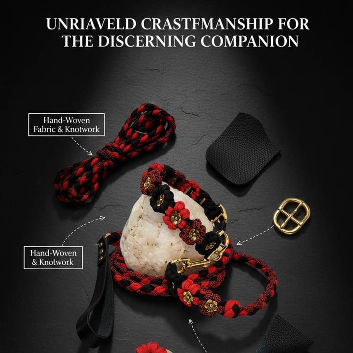 Red/Black Gold Petal Flower Paracord Collar-Martingale for wholesale by Dogs and Cats Oh My