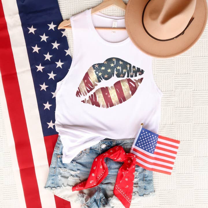 Patriotic American Flag Lips Bella Canvas Muscle Tank Top for wholesale by Trendznmore - Modern Graphic Apparel
