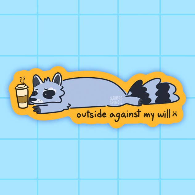 Homebody Raccoon Mini Vinyl Sticker for wholesale by 2Birds1Pencil Illustrations