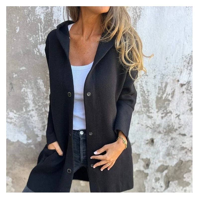 UZ Wholesale Store – Blusão - Mulher por atacado – Casaco de tricô casual com capuz e abotoamento simples em cor sólida0