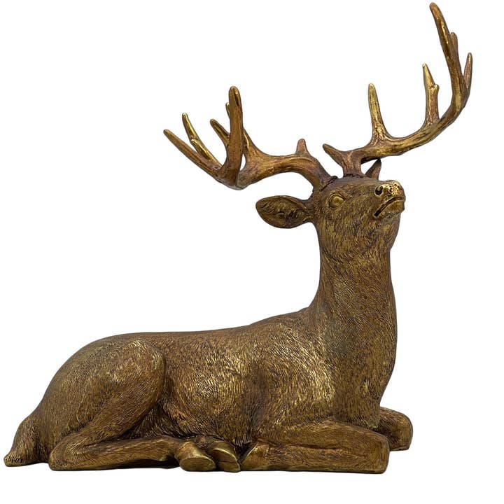 Galt International Company - Wholesale Christmas Decoration - Gold Resin Reindeer Statue Holiday Christmas Decor 14.5"