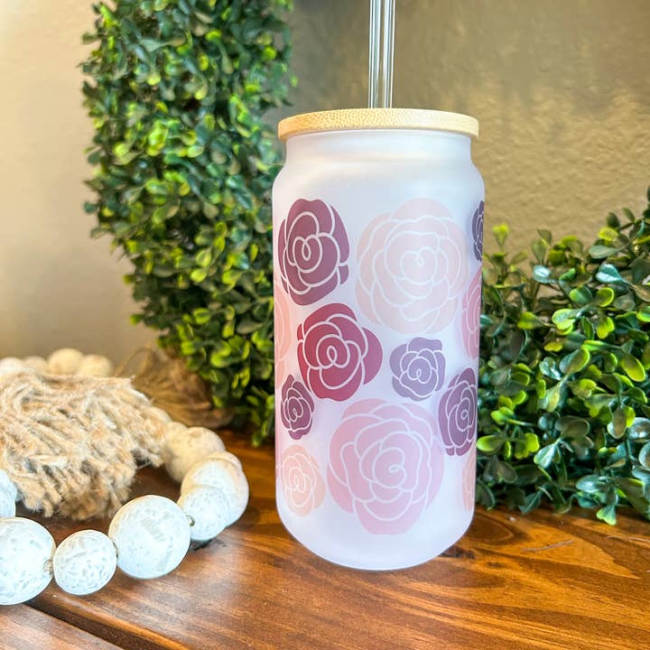 Roses Libbey Can Glass Cup with Lid and straw for wholesale by BB’s Shebang- Custom Gifts