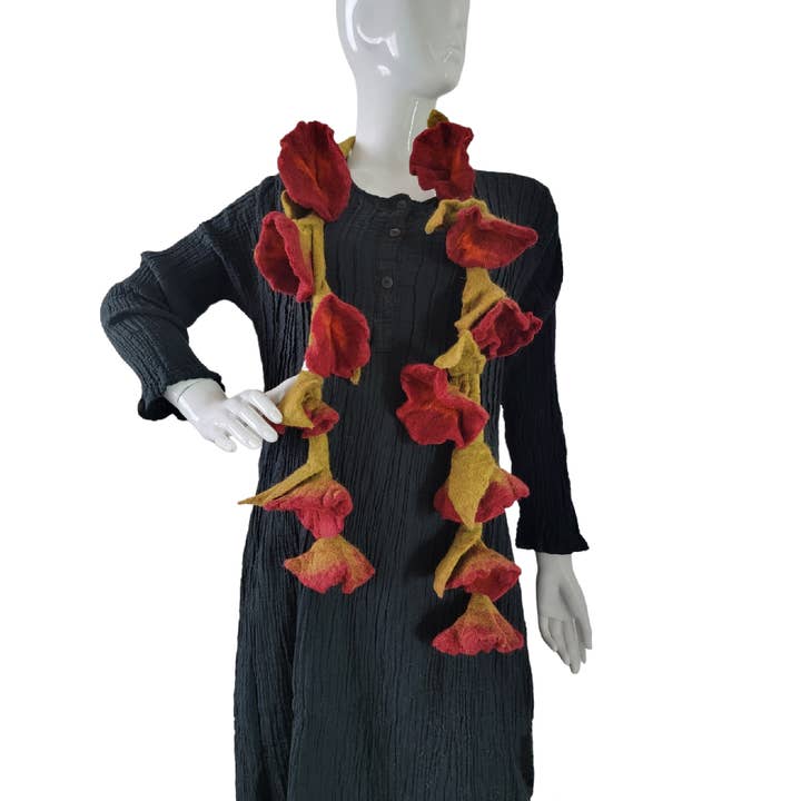 Evergreen Guardian Imports - Wholesale Scarf - Women's - H164 Wool Felt Flower Vine Scarf--maroon/olive only