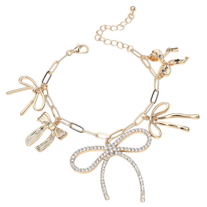 Sensibling Corp. - Wholesale Charm/Dangle Bracelet - Stone Paved Bow Metal Bow Charm Station Paperclip Bracelet