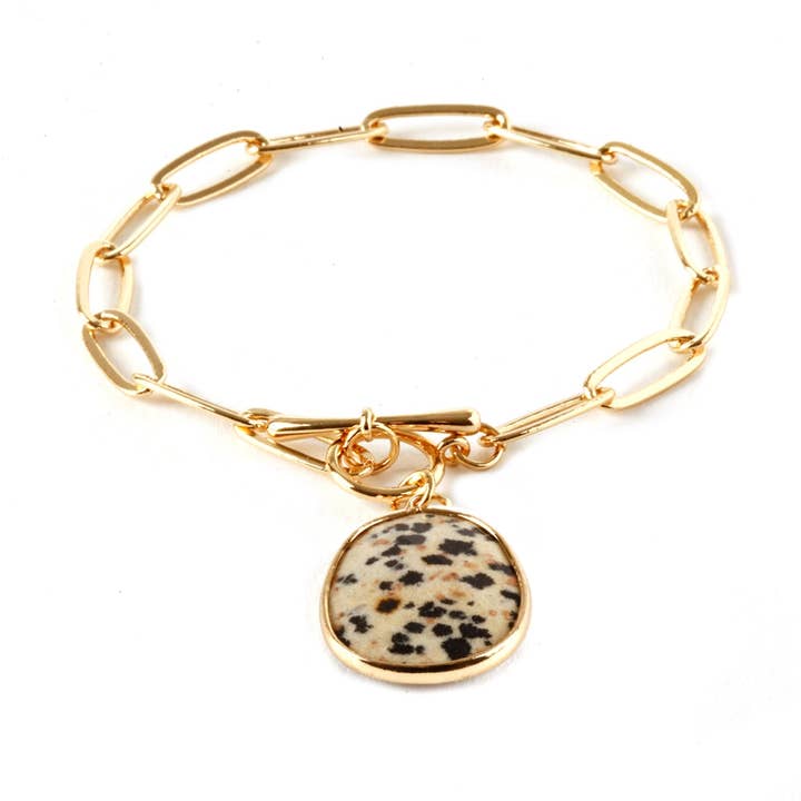Gold Link Toggle with Dalmatian Natural Stone 7 1/2" Bracelet for wholesale by What's Hot