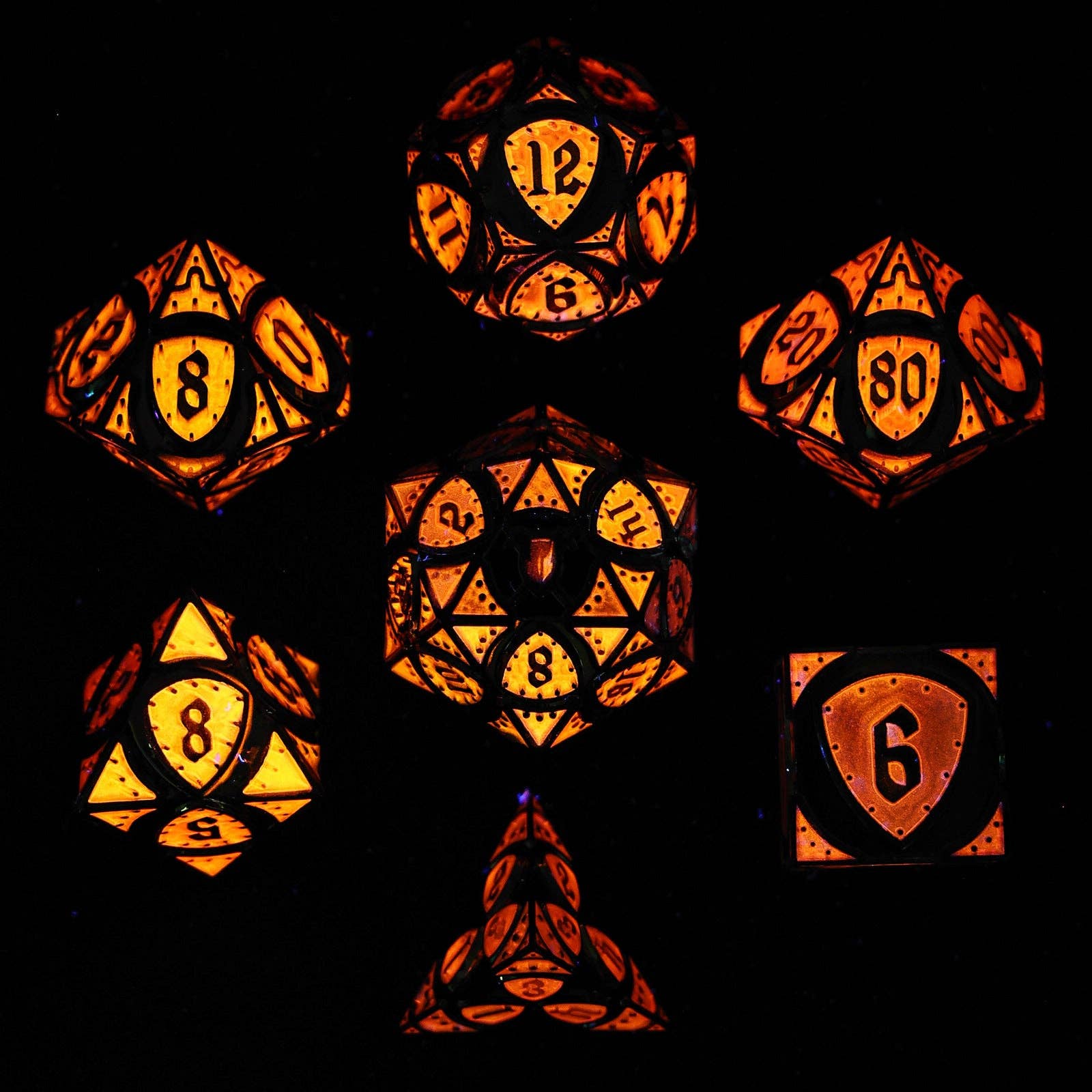 Hymgho Premium Dice - Wholesale Dice - Solid Metal Fighter Class RPG Dice Set - Rainbow w/UV Glow2