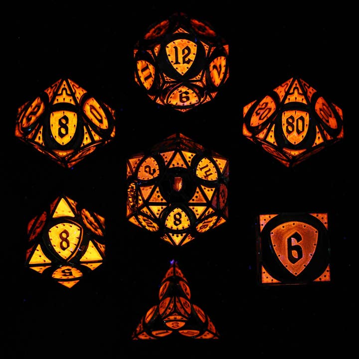 Hymgho Premium Dice - Wholesale Dice - Solid Metal Fighter Class RPG Dice Set - Rainbow w/UV Glow2