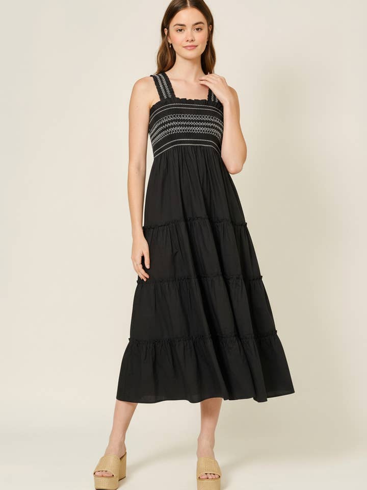 MAD3204 COLOR SMOCKED TIER MIDI DRESS for wholesale by Aaron & Amber