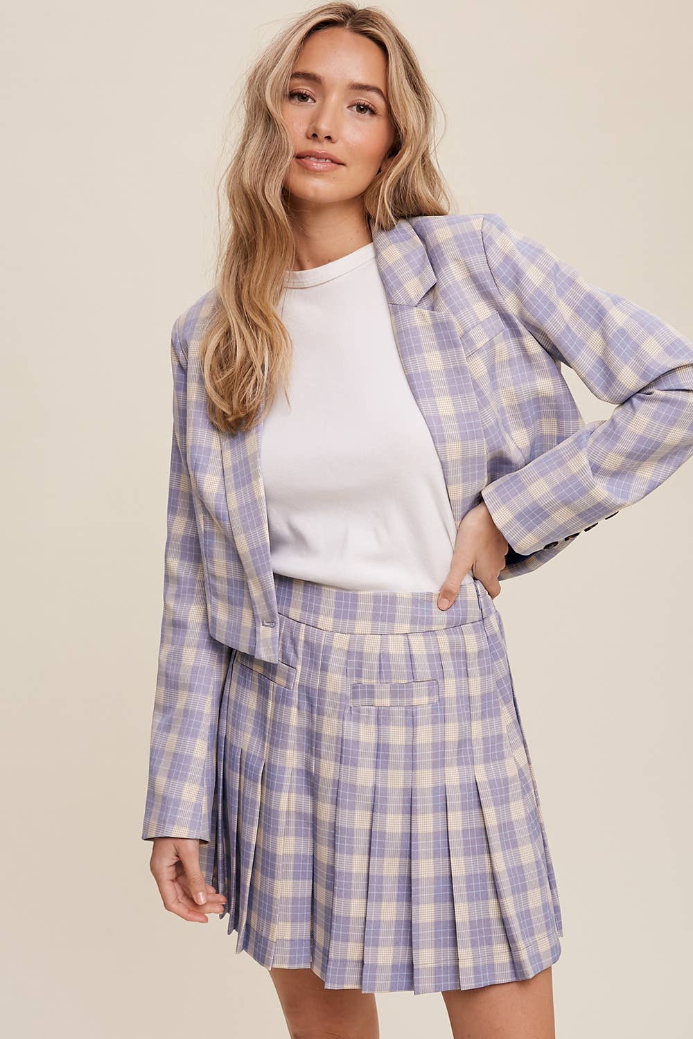 Listicle - Wholesale Top & Short Set (NOT Loungewear) - Women's - Plaid Cropped Blazer & Pleated Skort Set LSET12513