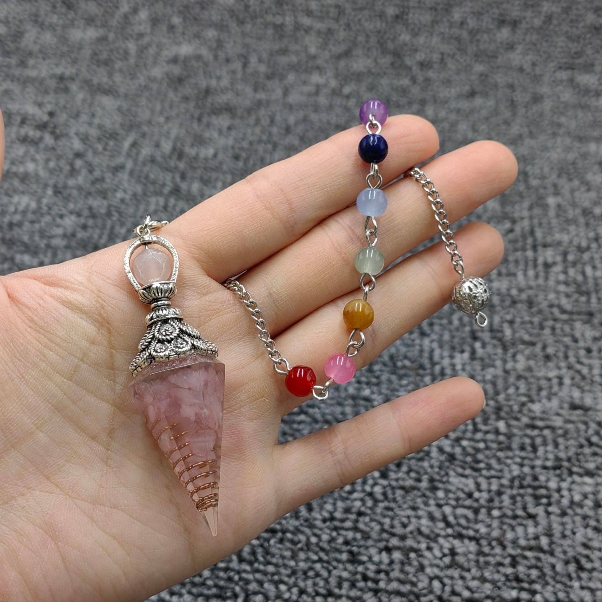 Mio Queena - Wholesale Spiritual Stone/Crystal - Hexagonal Cone Gravel Pendulum with Chakra Chain - CS26