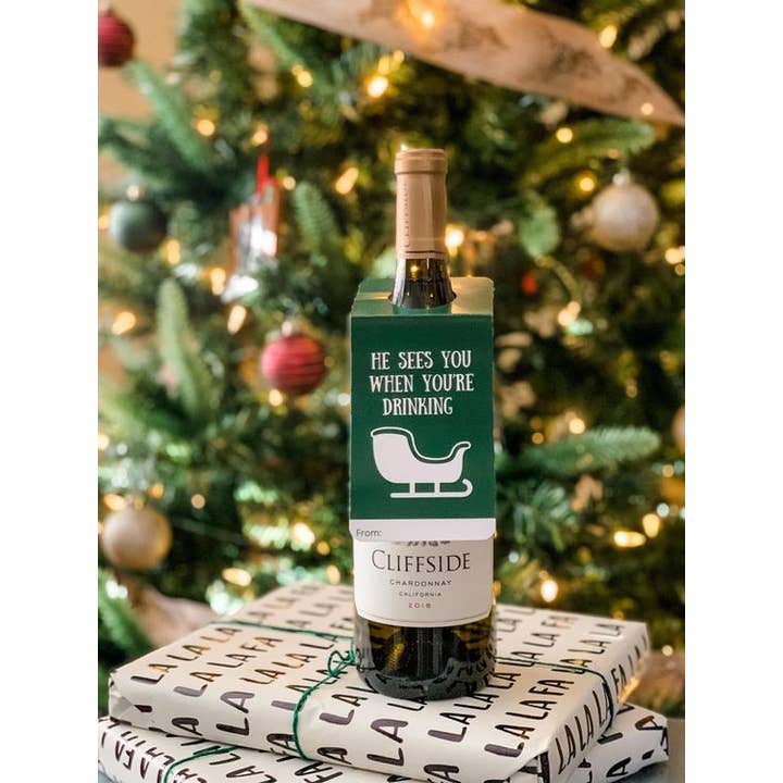 Christmas Wine Tag: He Sees You When You're Drinking for wholesale by The Hygge Workshop