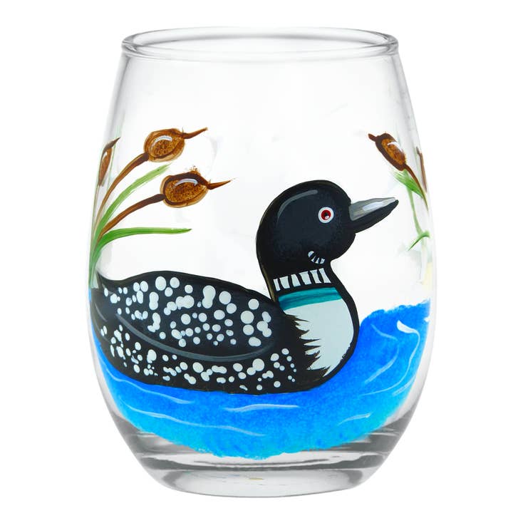Loons Wildlife Cattail Lake Hand-Painted Glass Wine Goblet for wholesale by Classy Art Designs, LLC