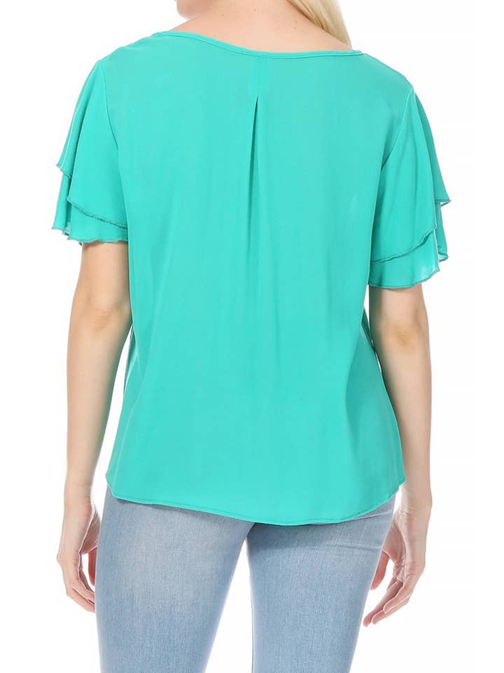 MOA COLLECTION - Wholesale Blouse - Women's - Casual Solid Flowy Short Flutter Sleeve Key Hole Blouse14