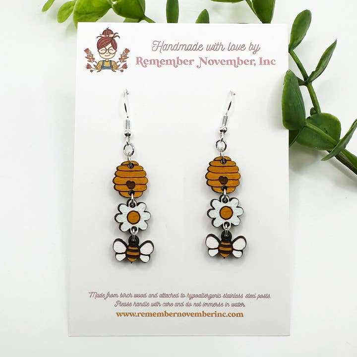 Bee Hive Honey Earrings, Birch Wood, Hand Painted for wholesale by Remember November, Inc