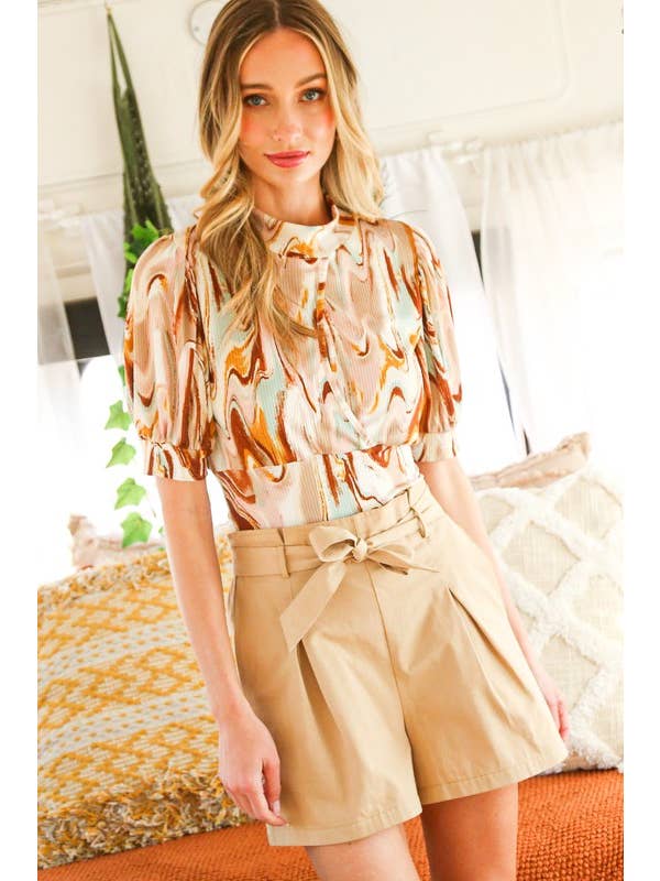 Vine & Love - Vente Haut en maille – femme - Haut en maille à manches courtes bouffantes ouvertes avec col montant VT811677