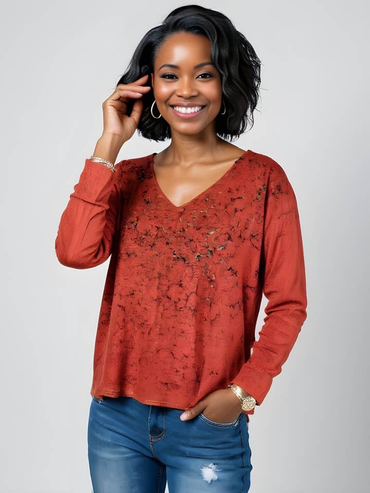 Sweater-like V Neck Foil Screen Top - Red (D1993FS) for wholesale by Dantelle Apparel