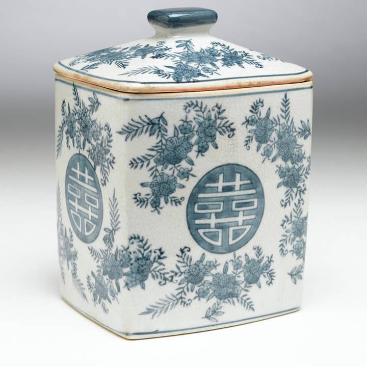 AA Importing - Wholesale Decorative Jar - Blue Happiness Crackle Finish 8" Square Ginger Jar