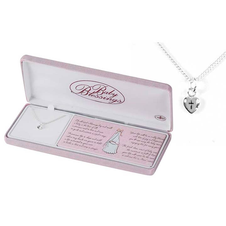 Necklace For Baby Cross and Puff Heart Shaped Silver Plated for wholesale by Dicksons