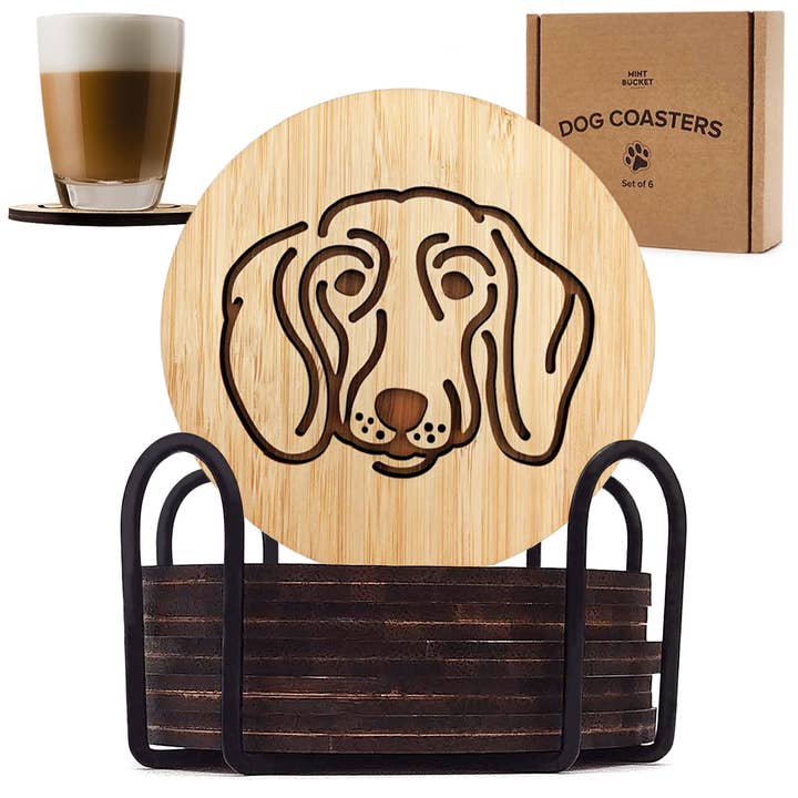 Set of 6 Bamboo Engraved Dog Coasters with Holder - Dachshun for wholesale by Rudderr, LLC/MintBucket