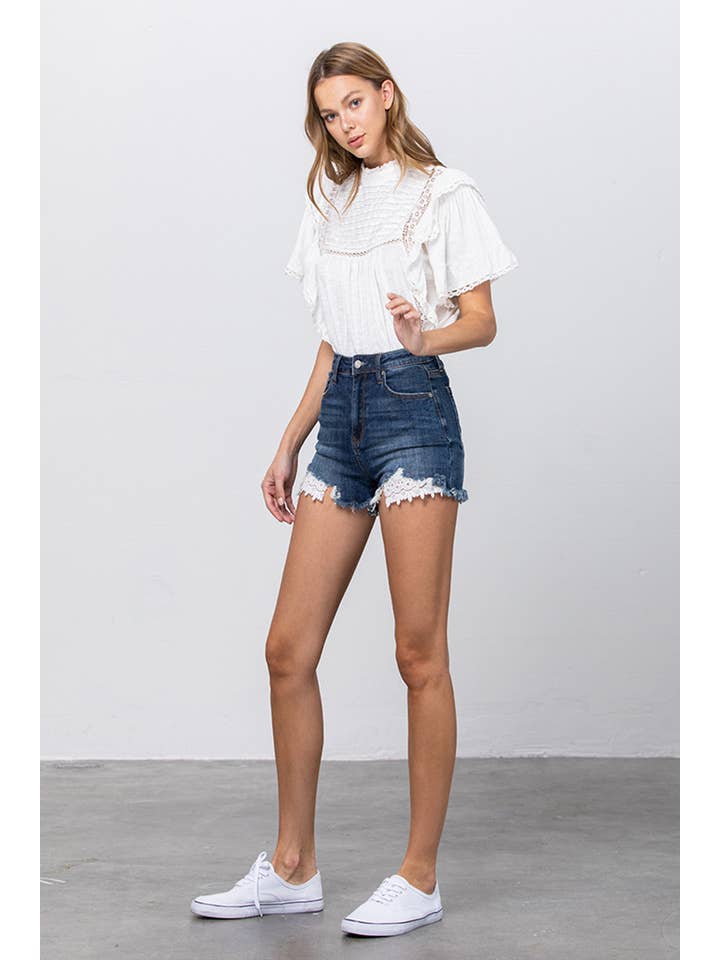 Insane Gene USA - Wholesale Shorts - Women's - High Rise Stretch Frayed Hem Lace Line Trim Denim Shorts2