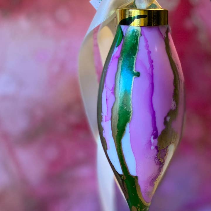 Hand Painted Teardrop Ornament - Green & Purple for wholesale by Held.