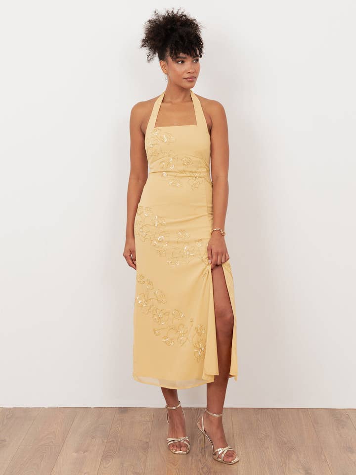 Maya Buttercream Floral Motif Halter Neck Midaxi Dress for wholesale by Plaza Collection Ltd