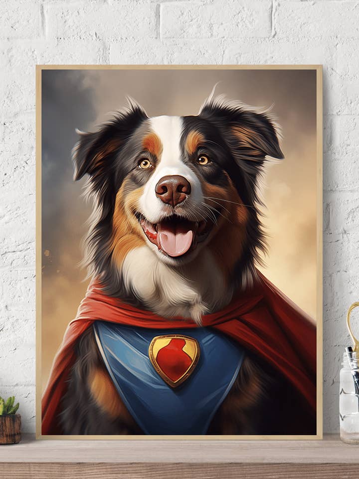Schilderij Australian Shepherd Superhero op canvas voor wholesale door Arttique - Artistry Canvas Prints