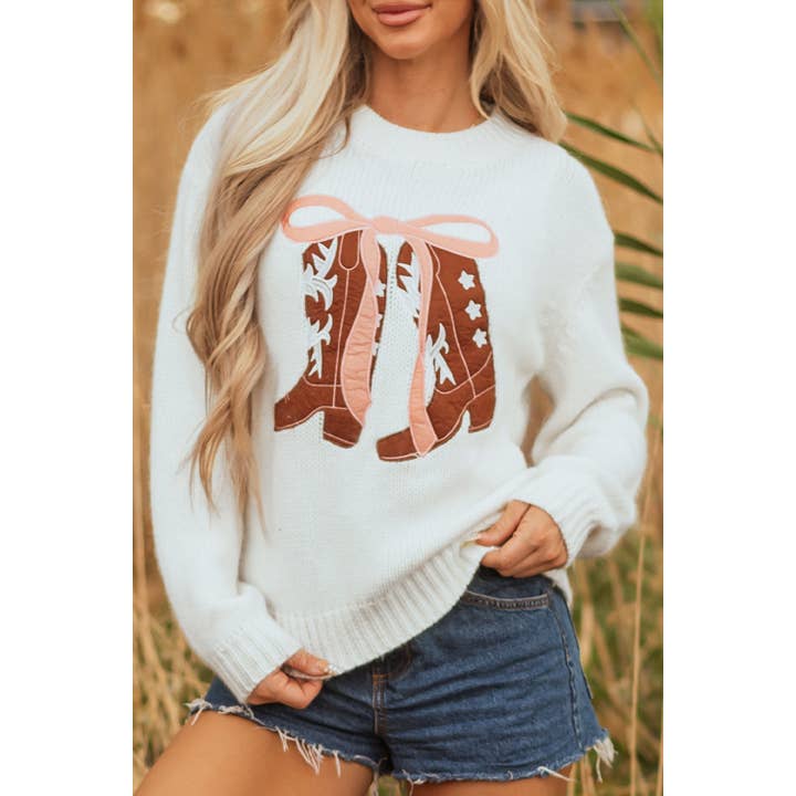 Western Bow Boots Embroidered Drop Shoulder Sweater and other Purchase Wholesale boots with bows. Free Returns & Net 60 Terms on Faire trending on Faire.