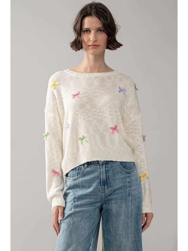 IVORY Multicolor Gingham Bow Crew Neck Knit Sweater for wholesale on Faire